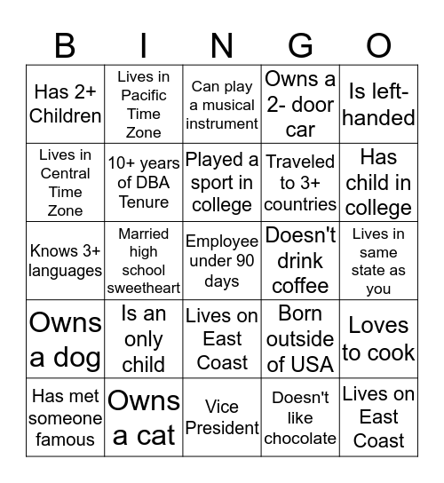 DB & A Employee Bingo  Bingo Card