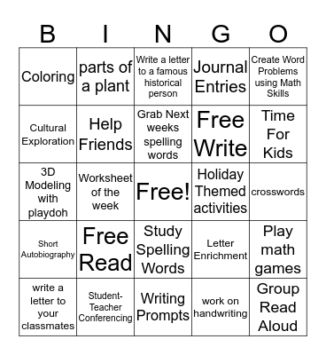 Anchor Activities Bingo Card