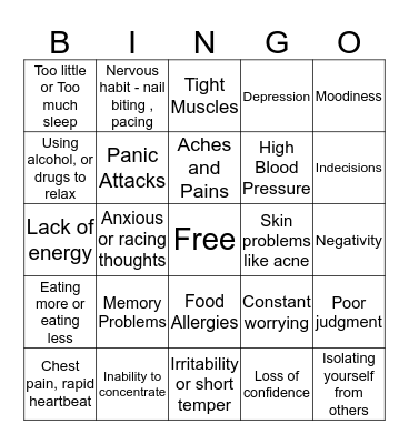 Signs and Symptoms of Stress Bingo Card