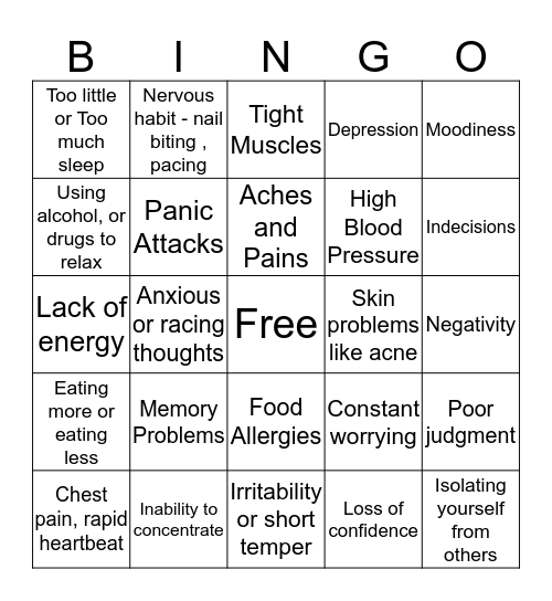 Signs and Symptoms of Stress Bingo Card