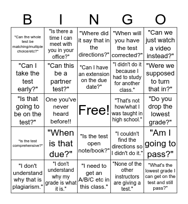 End of the Semester Student Quotes Bingo Card