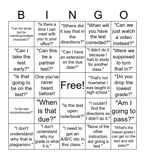 End of the Semester Student Quotes Bingo Card