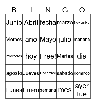 Days of the Week & Months of the Year Bingo Card