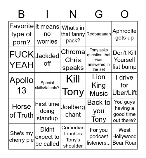 Kill Tony Bingo Card Bingo Card