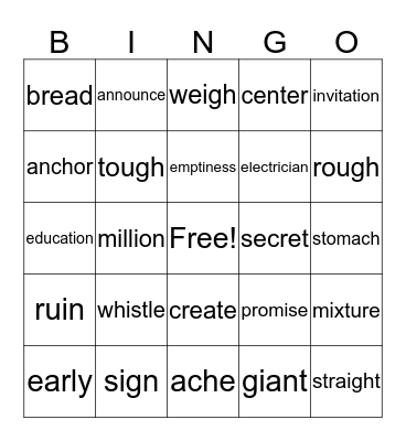 Tricky Red Words Bingo Card