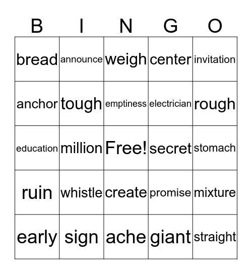 Tricky Red Words Bingo Card