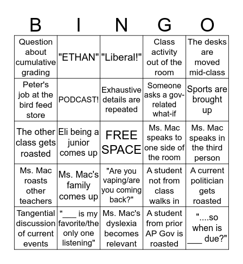 AP US Gov Period 4 Bingo Card