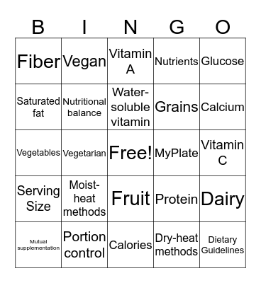 Nutrition BINGO Card