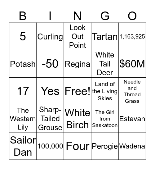 Saskatchewan Bingo Card