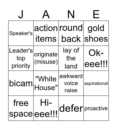 Jane Lee Bingo Card