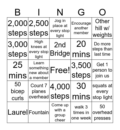 WALKING Bingo Card