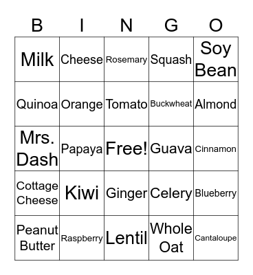 Nutrition for the Elderly Bingo Card