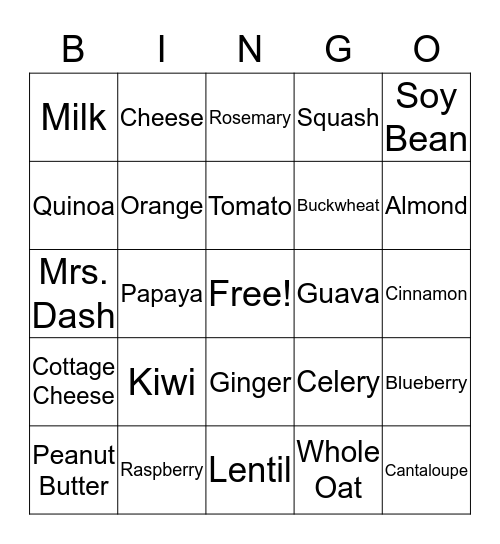Nutrition for the Elderly Bingo Card