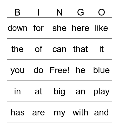 Sight Words Bingo Card