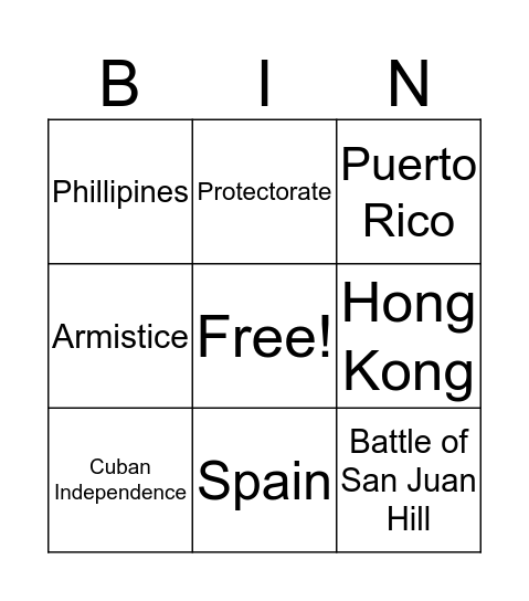 Spanish American War Bingo Card