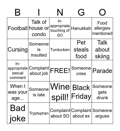 Thanksgiving Bingo ;) Bingo Card