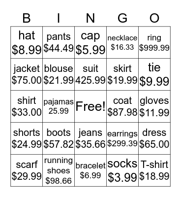Clothes Bingo Card