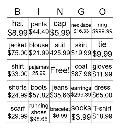 Clothes Bingo Card