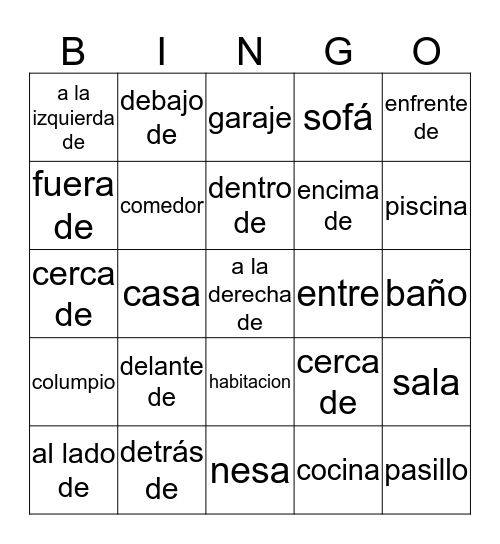 La casa y preposiciones Bingo Card