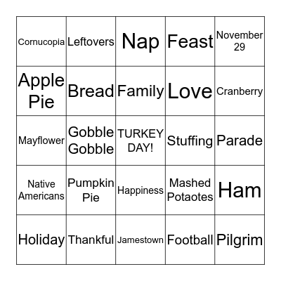 Thanksgiving BINGO Card