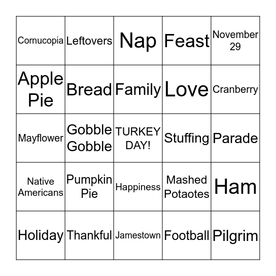 Thanksgiving BINGO Card