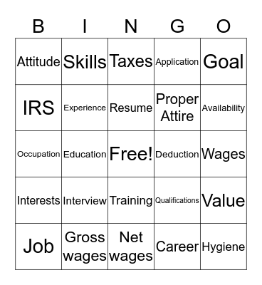 Job Readiness Bingo Card