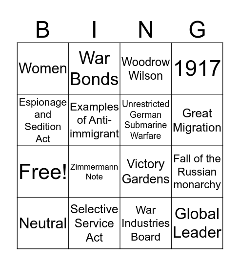 U.S. in WWI Bingo Card