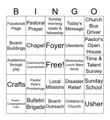 Community Church Bingo Card
