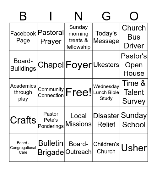 Community Church Bingo Card