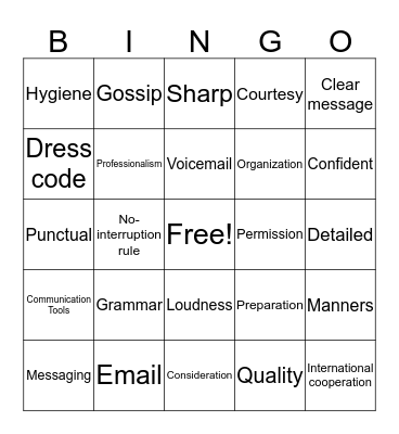 Etiquette Bingo Card