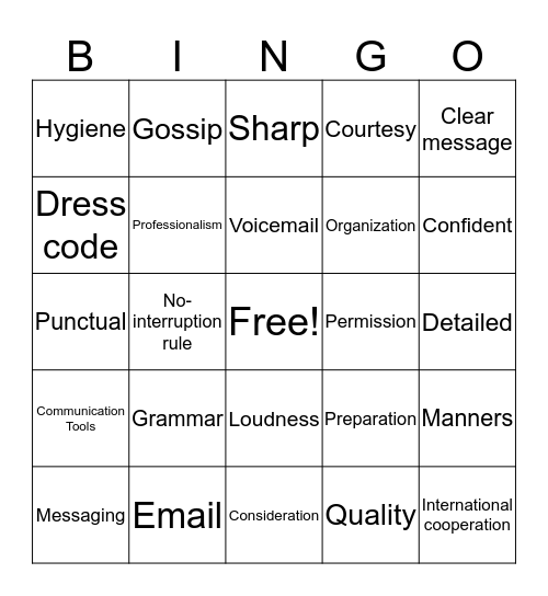 Etiquette Bingo Card