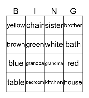 Colours and house Bingo Card