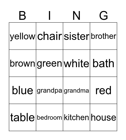 Colours and house Bingo Card