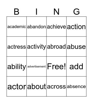 Vocabulary A1-A20 Bingo Card