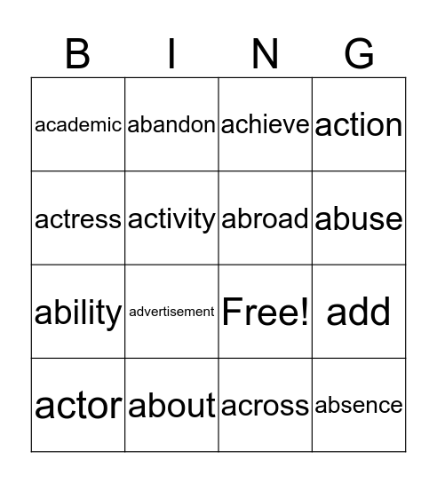 Vocabulary A1-A20 Bingo Card