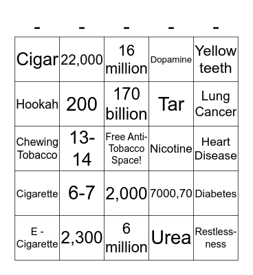 Anti-Tobacco Bingo  Bingo Card