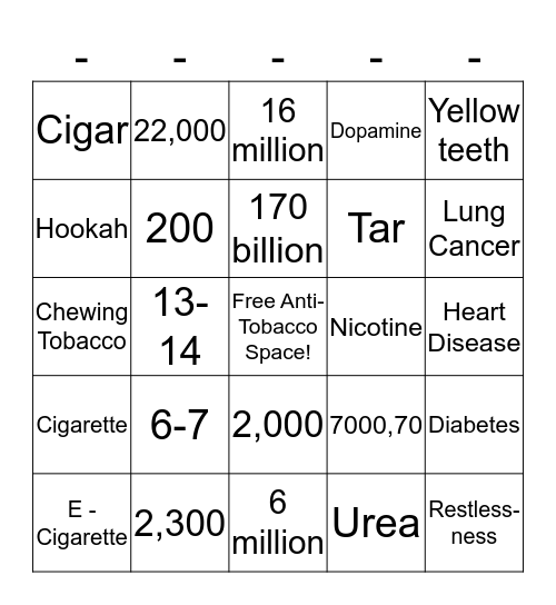 Anti-Tobacco Bingo  Bingo Card