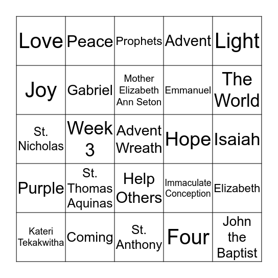 Advent/Saint Bingo Card