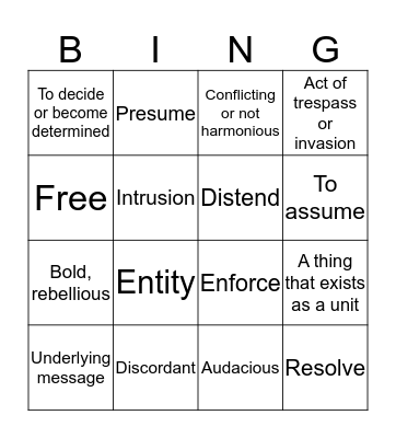 Vocabulary Bingo Card