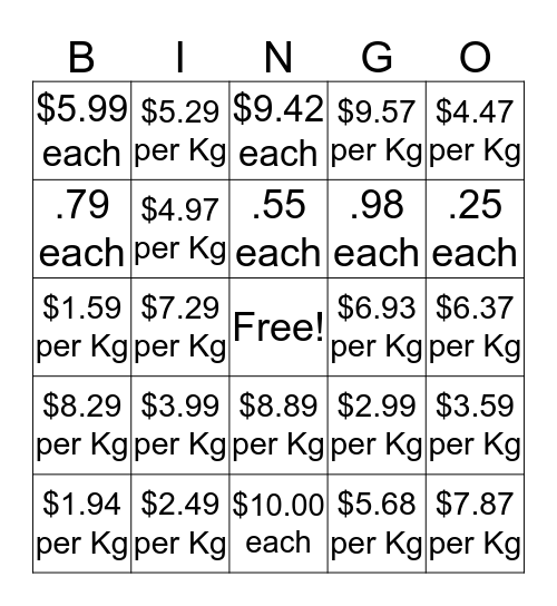 Prices Bingo Card