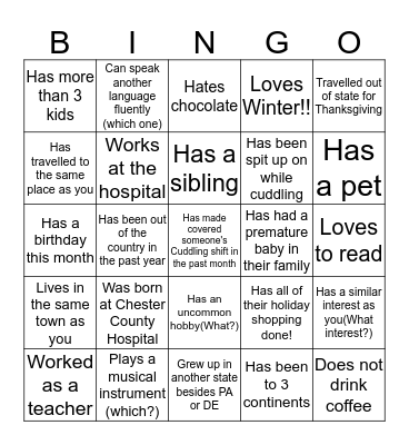 Cuddler Bingo Card