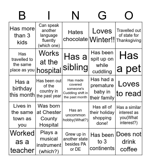 Cuddler Bingo Card