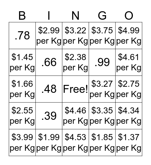 Prices in Rows Bingo Card