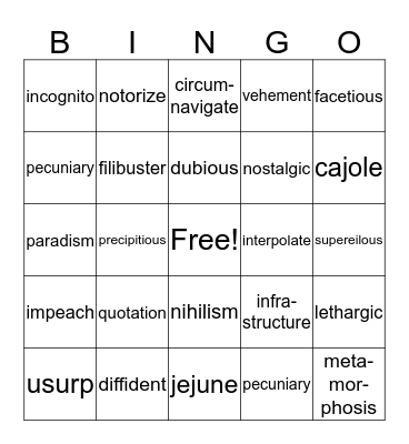 Vocabulary Bingo Card