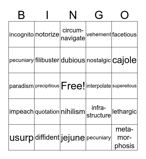 Vocabulary Bingo Card