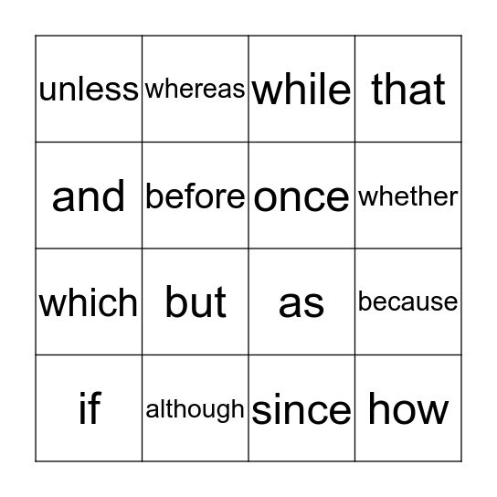 Conjunctions Bingo Card