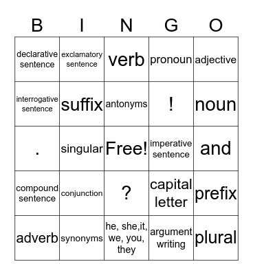 Language Arts Bingo  Bingo Card
