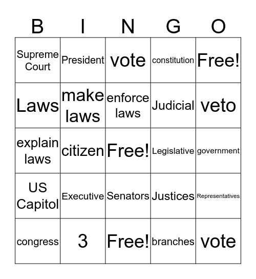 Branches of Government Bingo Card