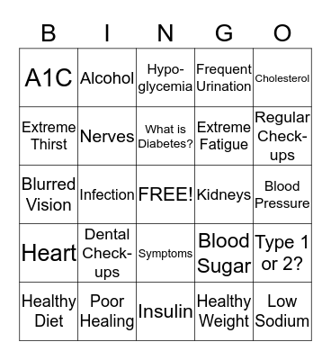 Blood Sugar Bingo Card