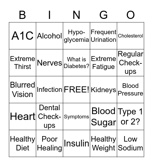 Blood Sugar Bingo Card